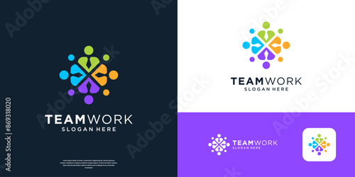 Teamwork logo design template. Colorful people community group logo vector.
