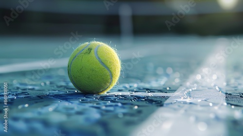 Detailed closeup of a tennis ball on the service line, highlighting the balls fuzzy texture and court markings