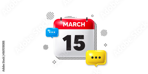 Calendar date of March 3d icon. 15th day of the month icon. Event schedule date. Meeting appointment time. 15th day of March. Calendar month date banner. Day or Monthly page. Vector