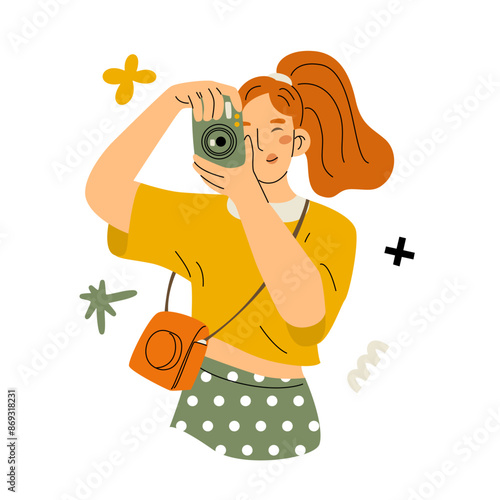 A girl with red hair looks through the camera lens. The person is photographed with a camera. Photography hobby. Capturing emotions. Vector illustration isolated on transparent background.