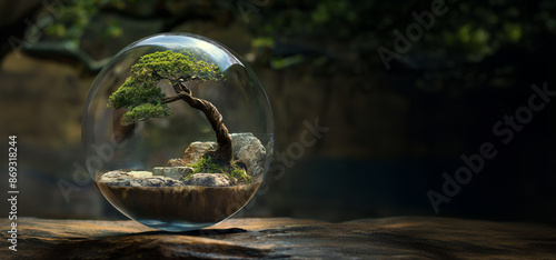 Small bonsai inside a glass sphere. Vegetation, zen philosophy, terrarium. Close-up photo of a microecosystem sheltered inside a glass bubble. Protection, control of nature. photo