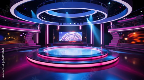 Modern TV Studio with Pink and Blue Lighting