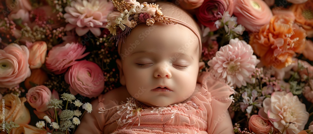 Peaceful baby in pink, surrounded by flowers, wearing a floral headband, asleep Peaceful baby in pink, surrounded by flowers, wearing a floral headband, asleep