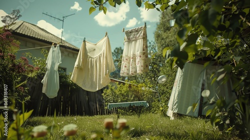 Halfwashed clothes hanging on a line, wife diligently scrubbing only part of her wardrobe in a picturesque backyard © BURIN93