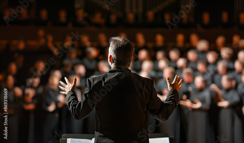 Musician leads a choir during a concert in a cathedral. Musical rehearsals before the concert during Christmas period. Life of musicians, classic holy music. Orchestra, applause, open arms, back view.