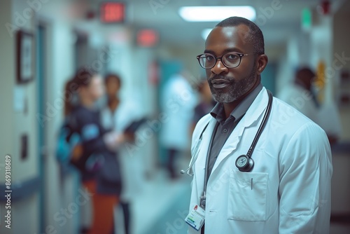 Black Male Doctor Standing in Hospital Hallway