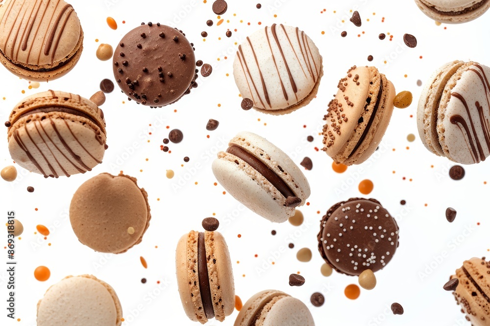 Colorful desserts falling on a transparent background, with flakes or crumbs in the air. Cake concept, cookies, chips, and cupcakes. Colorful desserts falling on a transparent background, with flakes or crumbs in the air. Cake concept, cookies, chips, and cupcakes.