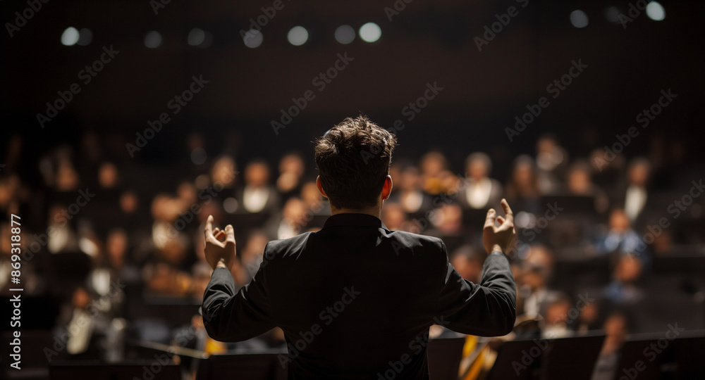 Musician leads a choir during a concert in a cathedral. Musical rehearsals before the concert during Christmas period. Life of musicians, classic holy music. Orchestra, applause, open arms, back view. Musician leads a choir during a concert in a cathedral. Musical rehearsals before the concert during Christmas period. Life of musicians, classic holy music. Orchestra, applause, open arms, back view.
