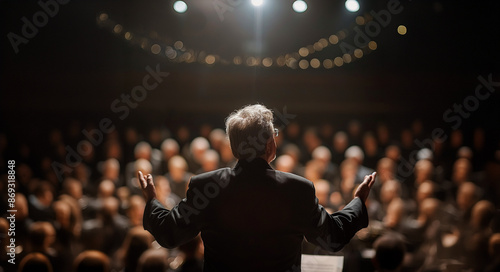 Musician leads a choir during a concert in a cathedral. Musical rehearsals before the concert during Christmas period. Life of musicians, classic holy music. Orchestra, applause, open arms, back view.