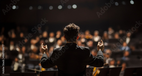Musician leads a choir during a concert in a cathedral. Musical rehearsals before the concert during Christmas period. Life of musicians, classic holy music. Orchestra, applause, open arms, back view.