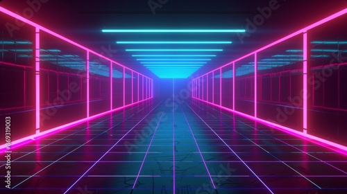 Animated 3D retro neon blue abstract background with laser lines. Synthwave grid videogame style. Futuristic sci-fi 80s 90s Y2K wireframe web. Disco music template. © Антон Сальников