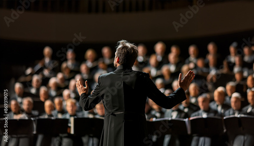 Musician leads a choir during a concert in a cathedral. Musical rehearsals before the concert during Christmas period. Life of musicians, classic holy music. Orchestra, applause, open arms, back view.