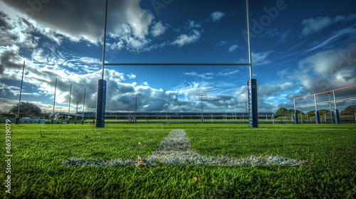 rugby stadium, highlighting the goalposts and wellmaintained field © BURIN93