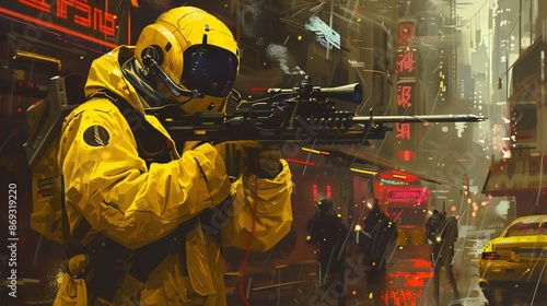 An illustration painting of a futuristic soldier with a gun in a yellow suit © Антон Сальников