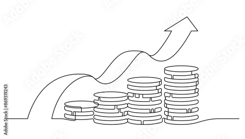coins stack with flow and high up arrows savings and achievement concept continuous one line drawing. financial planning and retirement metaphor vector illustration