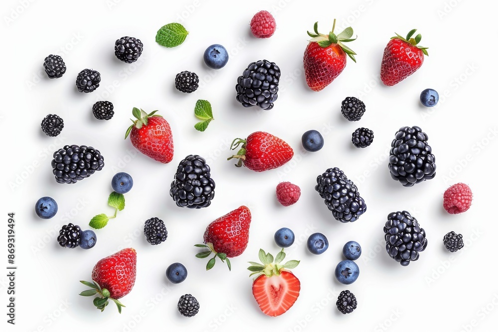 Mix of fresh strawberries, raspberries and blueberries isolated on a white background, delicious fruit high in vitamins and minerals. Mix of fresh strawberries, raspberries and blueberries isolated on a white background, delicious fruit high in vitamins and minerals.