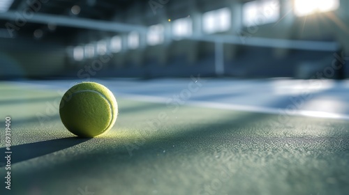 tennis ball on an indoor court, with the artificial lighting casting soft shadows photo