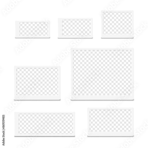 Electronic shelf label with transparent screen. Realistic vector mockup set. Isolated white e-paper display for retail store price tags. Mock-up for design. Easy editable
