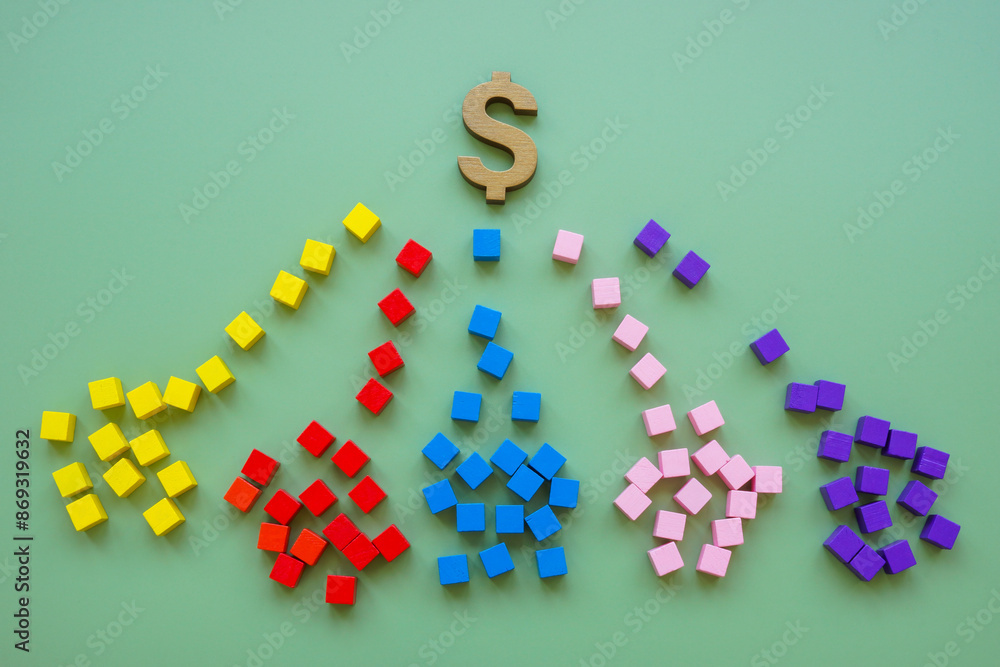 Income streams or creative economy concept. Dollar sign and colored cubes Income streams or creative economy concept. Dollar sign and colored cubes