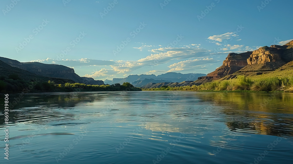 Naklejka premium river with clean water and mountain background landscape scene.