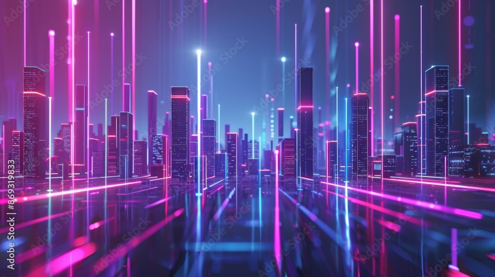 Digital smart city with high tech and digital smart connection, city night light background, neon light of skyscraper, 3D render of futuristic smart city landscape. Digital smart city with high tech and digital smart connection, city night light background, neon light of skyscraper, 3D render of futuristic smart city landscape.