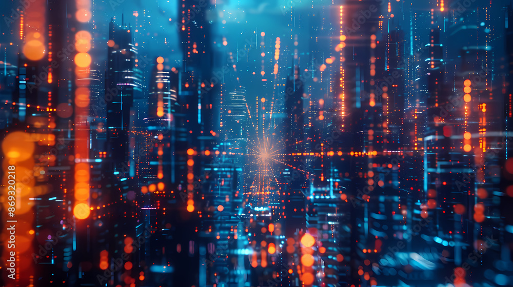 Futuristic cityscape with glowing digital lines and skyscrapers Futuristic cityscape with glowing digital lines and skyscrapers