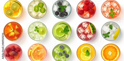 Various colored drinks menus with Summer Soda on top isolated on a white background. On the right, you can choose between a mocktail and a cocktail.