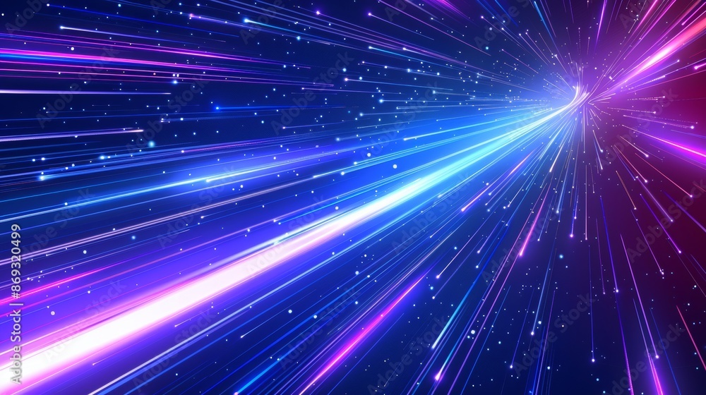 Fototapeta premium The image is a 3d rendering, displaying a blue purple light line through a dark background, accompanied by hyperspeed warping in space.