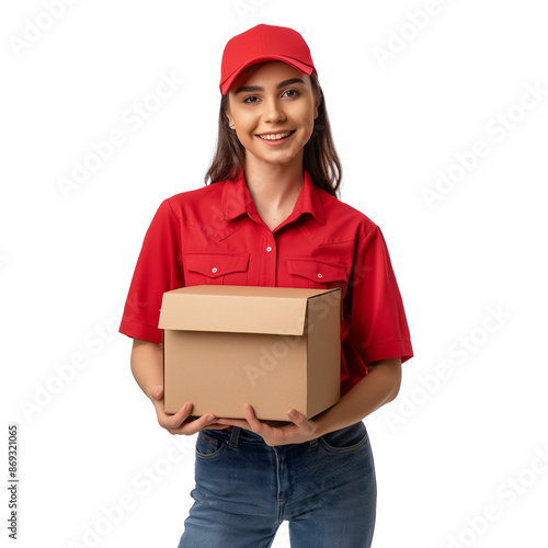 Young delivery girl. Cutout, white background, graphic material. Young woman with uniform and box in hand. Smiling, job, shipments, post, online purchases, home delivery. photo