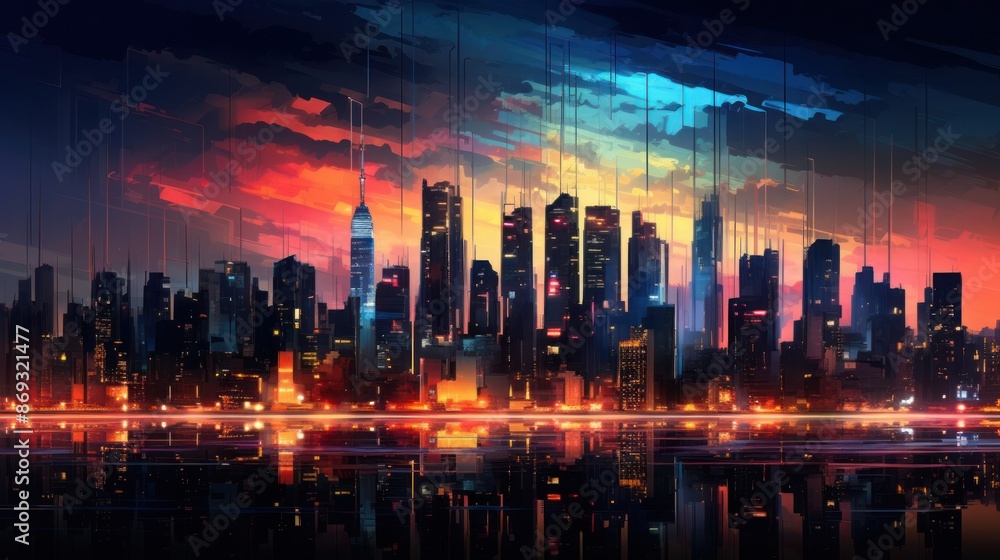 Fototapeta premium Modern city at sunset. Retrowave.