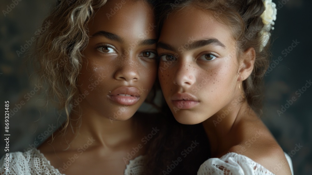 Young women standing side by side, possibly friends or colleagues Young women standing side by side, possibly friends or colleagues