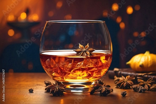 Armagnac: A glass of Armagnac with a star anise, on a reflective glass table.