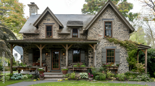 Rustic farmhouse with a cozy stone exterior, nestled in a picturesque village, featuring a wrap-around porch and charming window boxes, ideal for countryside living © Pik_Lover