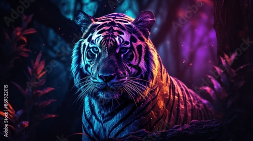 Wallpaper Mural Tiger with colorful neon retrowave background. Torontodigital.ca