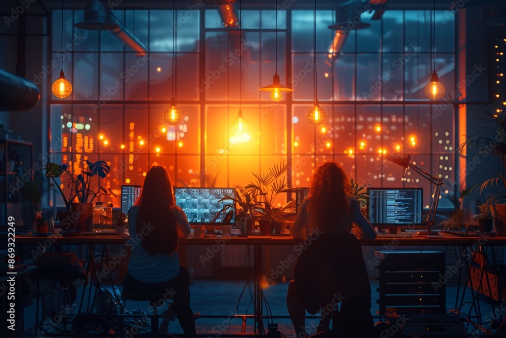 Two Women Working Late at Night in a City Office Two Women Working Late at Night in a City Office
