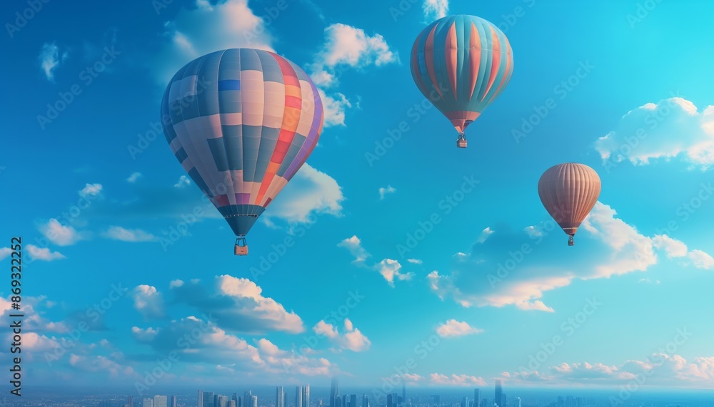 Fototapeta premium Three hot air balloons floating serenely against a bright blue sky, with a city skyline visible in the distance, representing freedom and adventure in a modern urban setting.