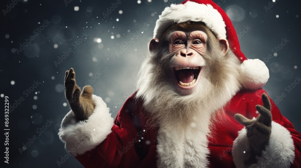 Portrait of a monkey in Santa hat. Christmas background. Portrait of a monkey in Santa hat. Christmas background.