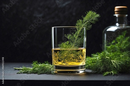 Wallpaper Mural Aquavit: A glass of aquavit with a dill sprig, placed on a sleek black surface. Torontodigital.ca