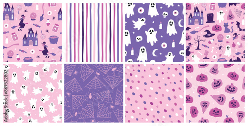 Halloween seamless patterns collection with cute doodles and abstract elements for wallpaper, textile prints, craft projects, wrapping paper, stationary, scrapbooking, digital paper and backgrounds