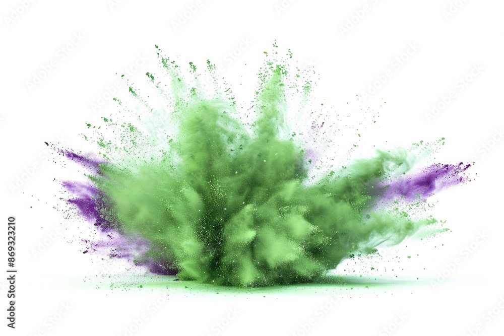 A vibrant powder explosion on a white background with shades of green and purple A vibrant powder explosion on a white background with shades of green and purple