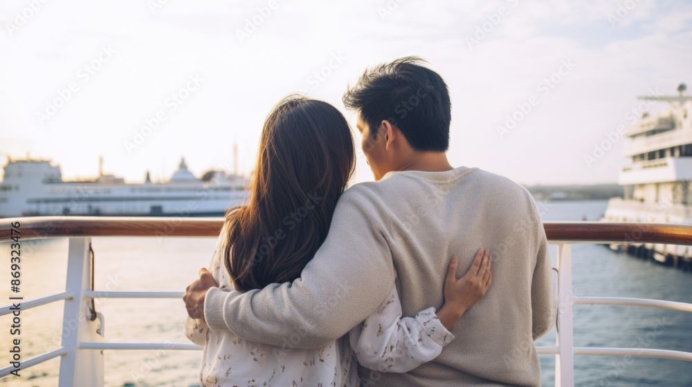 Young asian couple on cruise ship enjoying the ocean view, back view, copy space Young asian couple on cruise ship enjoying the ocean view, back view, copy space