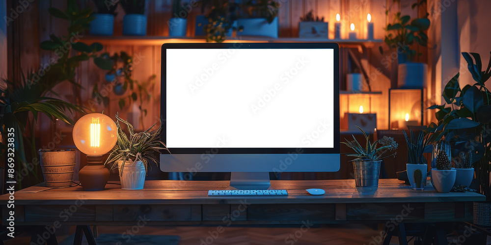 A computer monitor is on a desk with a few potted plants in the background A computer monitor is on a desk with a few potted plants in the background