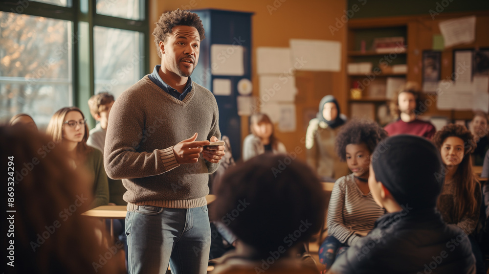 Black South American Teacher Engaging Diverse Classroom of Students Black South American Teacher Engaging Diverse Classroom of Students