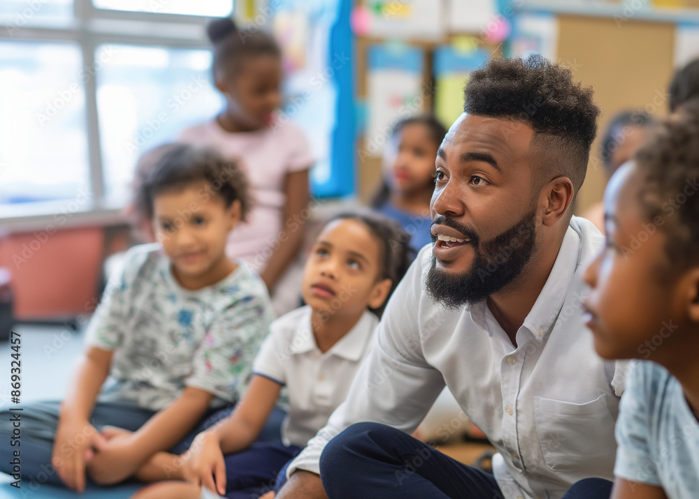 Black South American Teacher Engaging Diverse Classroom of Students Black South American Teacher Engaging Diverse Classroom of Students