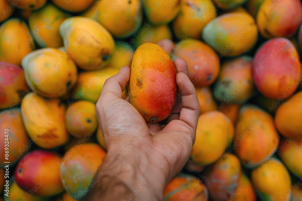 Hand holding a ripe mango surrounded by a pile of fresh fruit, great for food or tropical themed images Hand holding a ripe mango surrounded by a pile of fresh fruit, great for food or tropical themed images