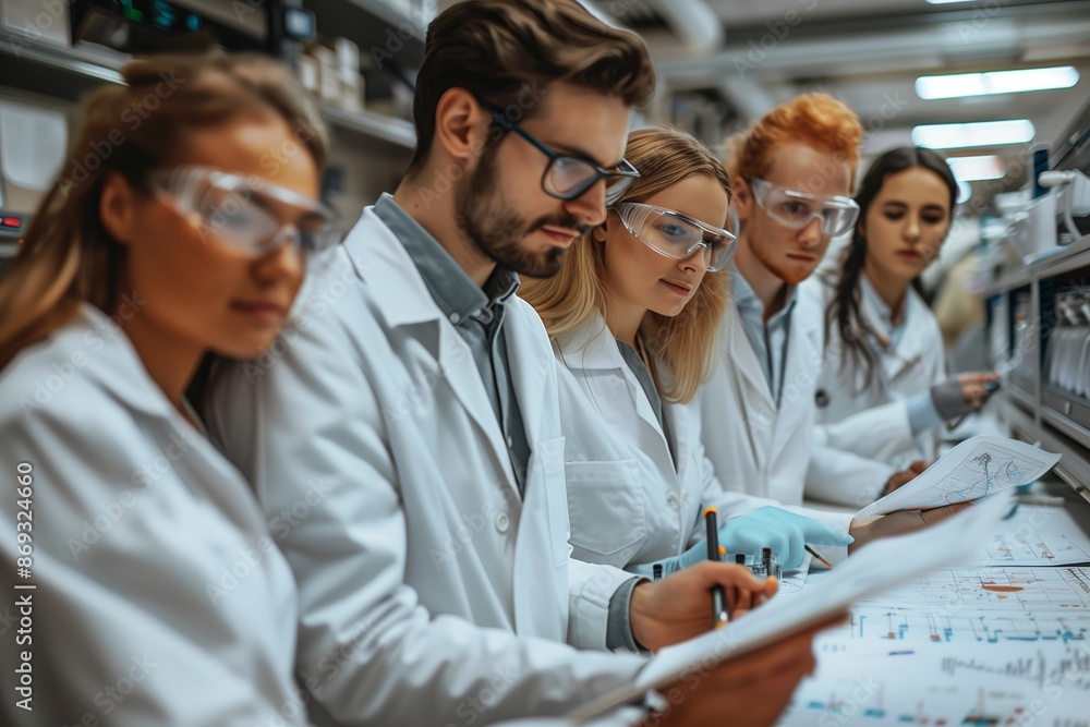 Fototapeta premium Scientists in Lab Coats Review Research Data in Laboratory Setting