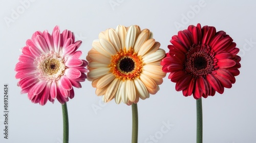 A trio of blooming flowers sit together in harmony