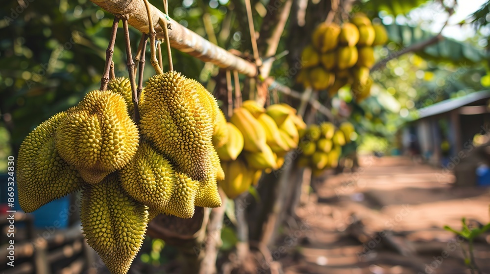 Durian fruit hanging on a branch in a tropical setting Durian fruit hanging on a branch in a tropical setting