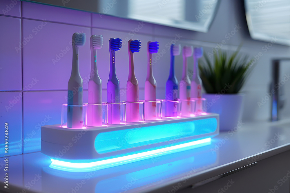 A row of toothbrushes are lit up in a bathroom A row of toothbrushes are lit up in a bathroom