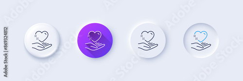 Hold heart line icon. Neumorphic, Purple gradient, 3d pin buttons. Care love emotion sign. Valentine day symbol. Line icons. Neumorphic buttons with outline signs. Vector
